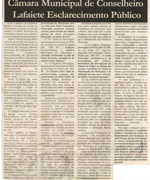Câmara Municpal de Conselheiro Lafaiete Esclarecimento Público. Jornal Nova Gazeta, Conselheiro Lafaiete, 05 abr. 2007, 461ª ed., p. 03