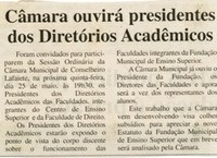 Câmara ouvirá presidentes dos Diretórios Acadêmicos. Correio de Minas, Conselheiro Lafaiete, 136ª ed., p. 05.