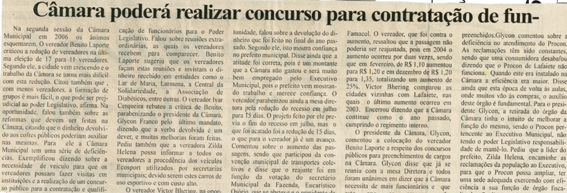 Câmara poderá realizar concurso para contratação de funcionários. Folha Livre, Conselheiro Lafaiete, 11 fev. 2006, 257ª ed., p. 07.