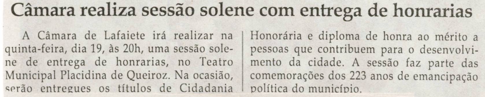 Câmara realiza sessão solene com entrega de honrarias. Jornal Correio da Cidade, Conselheiro Lafaiete, 14 set. 2013, p. D3.