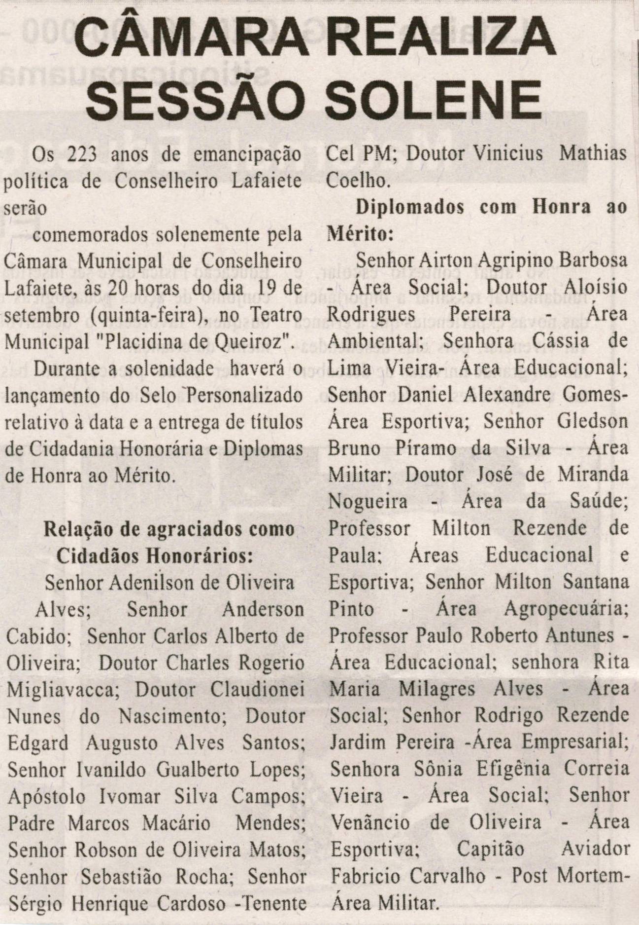 Câmara realiza sessão solene. Folha Livre, Conselheiro Lafaiete, 14 set. 2013, p. 11.