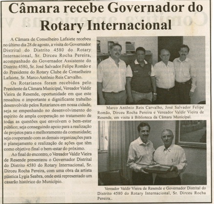 Câmara recebe Governador do Rotary Internacional. Jornal Nova Gaveta, Conselheiro Lafaiete, 01 set. 2009, 477ª, p. 05.
