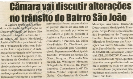 Câmara vai discutir alterações no trânsito do Bairro São João. Jornal Nova Gazeta, Conselheiro Lafaiete, 01 abr. 2006, 406ª ed., p. 14.