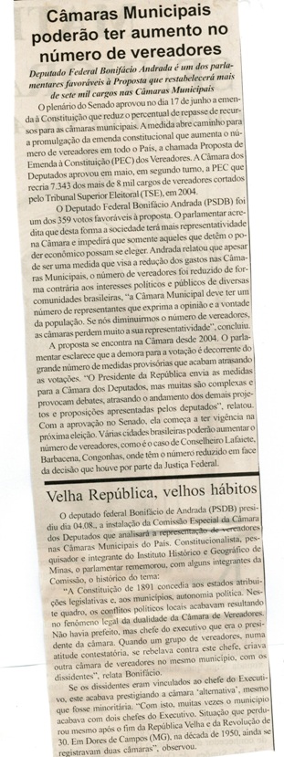 Câmaras Municipais poderão ter aumento no número de vereadores. Jornal Correio da Cidade, Conselhero Lafaiete, 05 set. 2009,  198ª, p. 05.