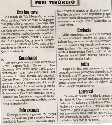 Caminhando. Jornal Correio da Cidade, Conselheiro Lafaiete, 23 a 29 jul., 1327ª ed., Caderno Opinião, Frei Tibúrcio, p. 8.