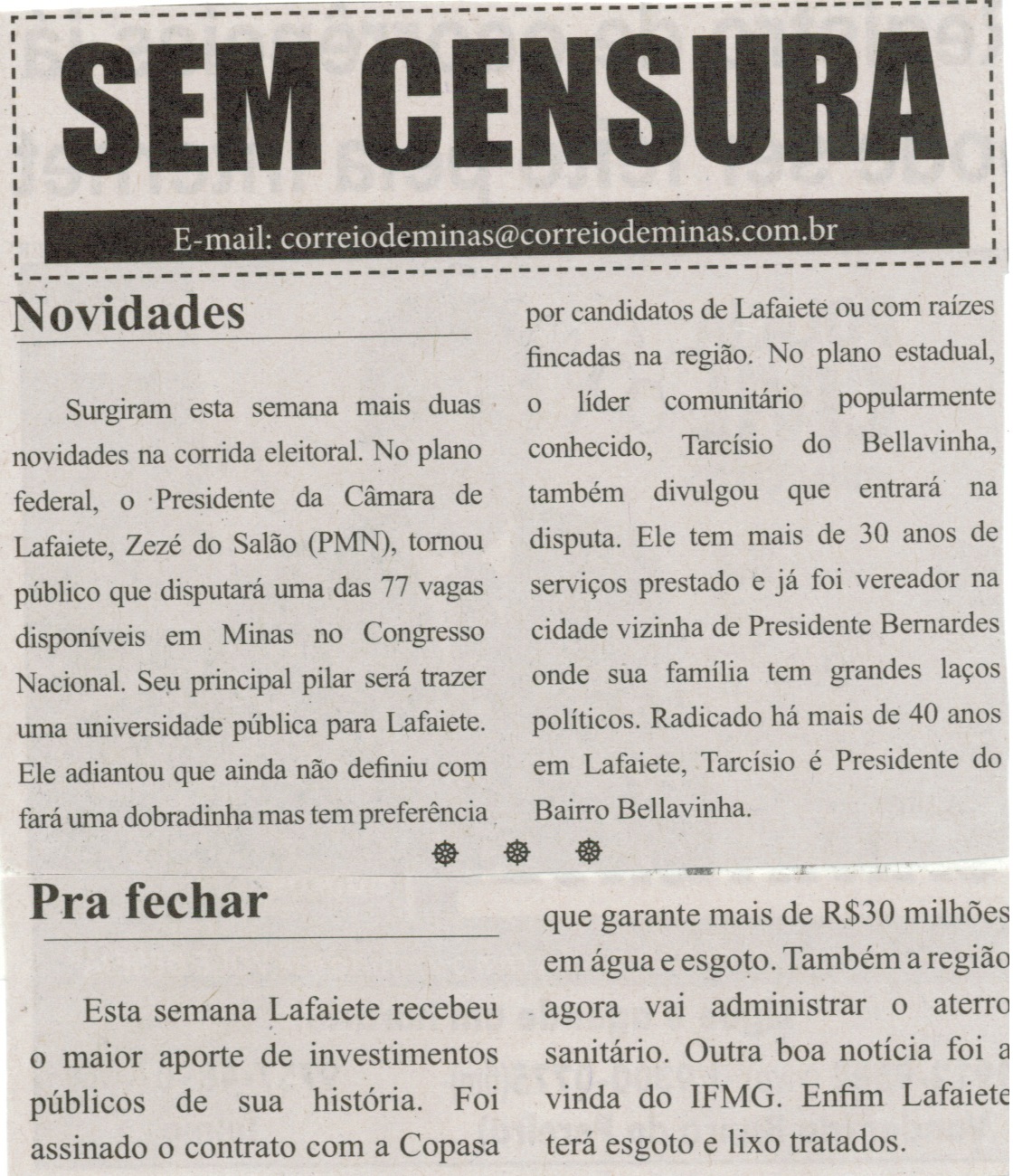 Novidades. Correio de Minas, Conselheiro Lafaiete, 05 jul 2014, Sem Censura, p. 3.