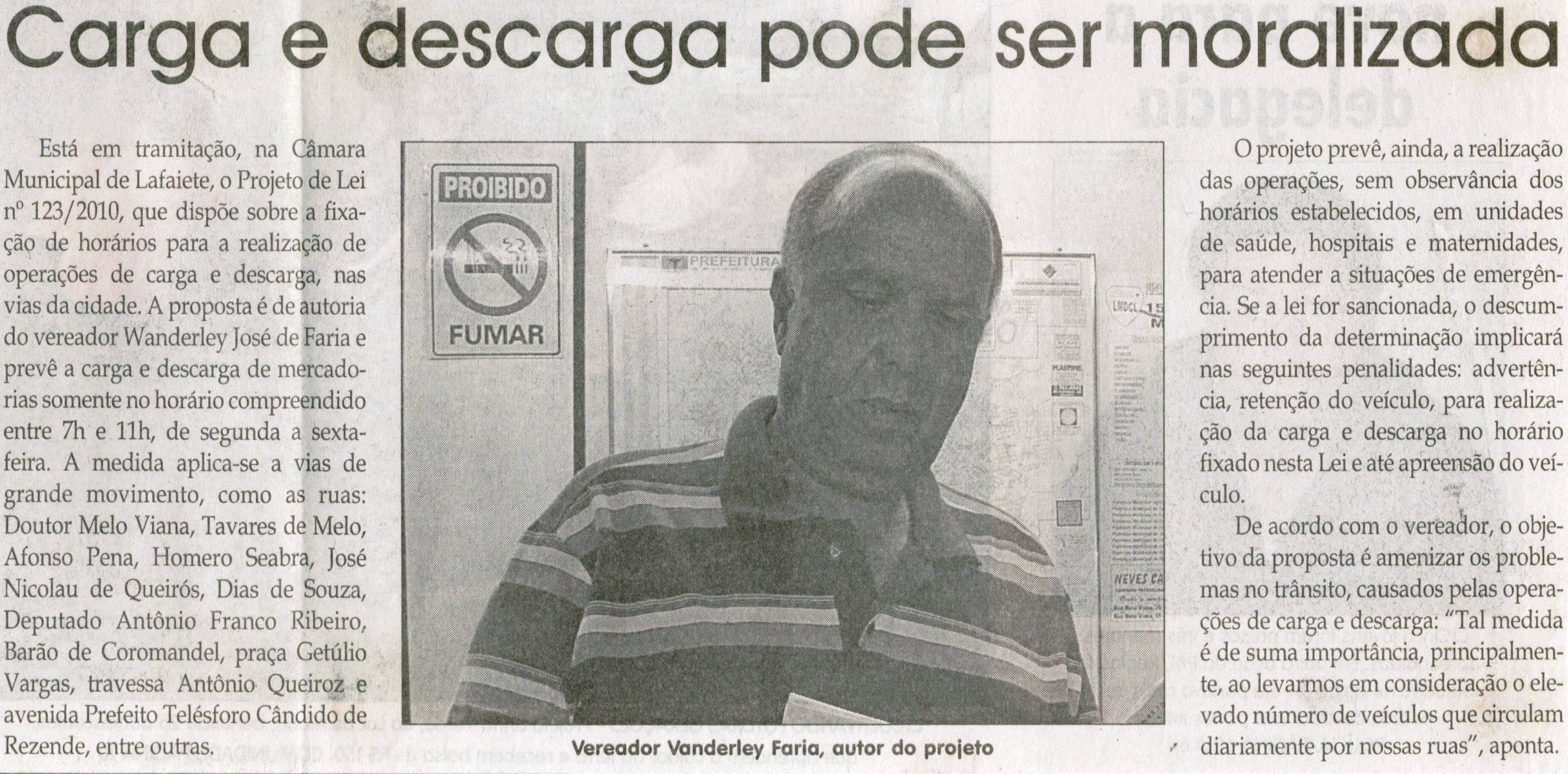 Carga e descarga poderá ser moralizada. Jornal Correio da Cidade, Conselheiro Lafaiete, 13 nov. 2010, p. 02.