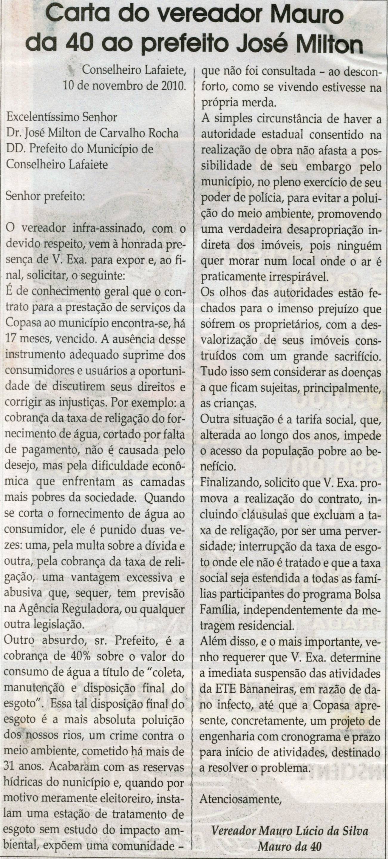 Carta do vereador Mauro da 40 ao prefeito José Milton. Jornal Correio da Cidade, Conselheiro Lafaiete, 13 nov. 2010, p. 04.