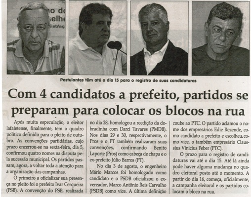 Com 4 candidatos a prefeito, partidos se preparam para colocar os blocos na rua. Jornal Correio da Cidade, Conselheiro Lafaiete, 13 a 19 ago. 2016 C6 