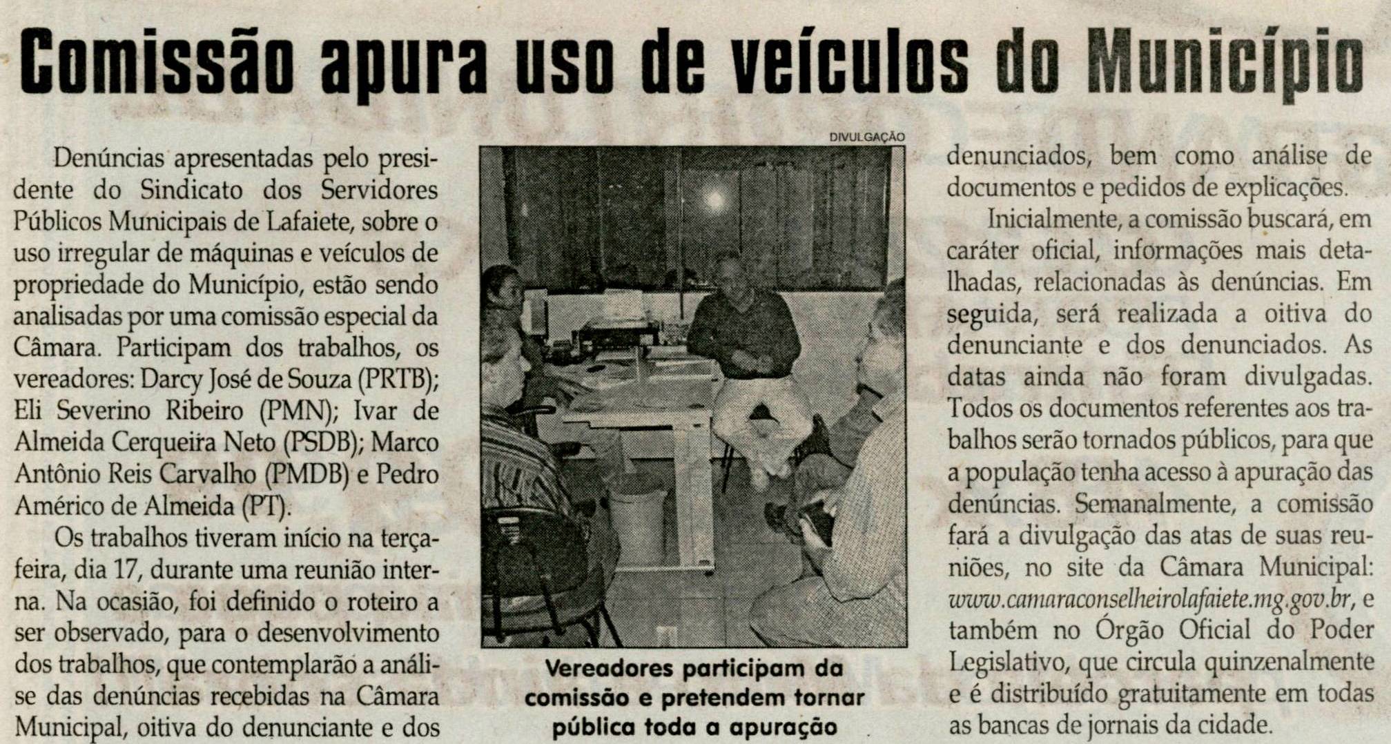 Comissão apura uso de veículos do Município. Jornal Correio da Cidade, Conselheiro Lafaiete, 21 mai.  2011, p. 04.
