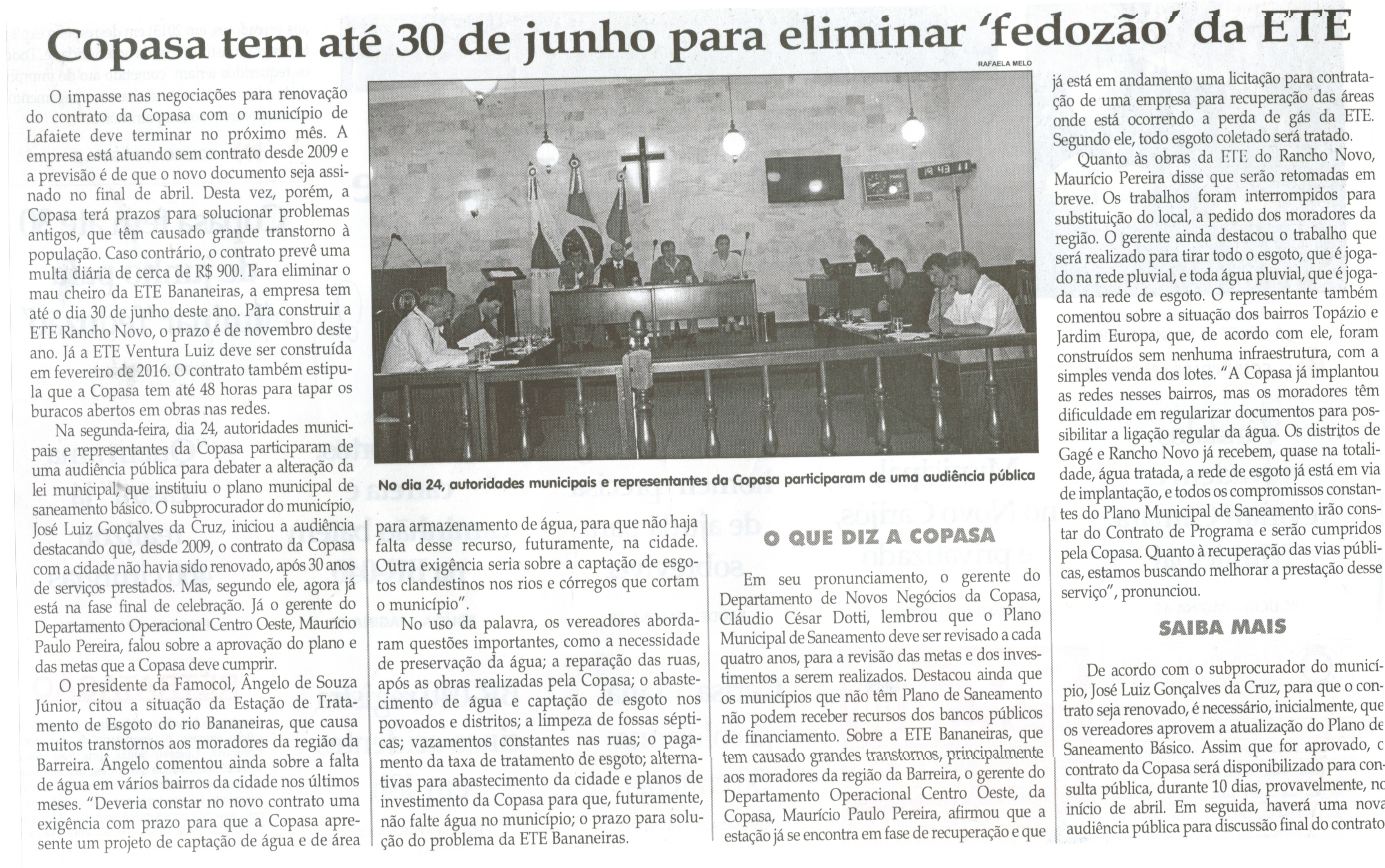 Copasa tem até 30 de junho para eliminar "fedozão" da ETE. Jornal Correio da Cidade, Conselheiro Lafaiete, 04 mar. 2014, p. 2.
