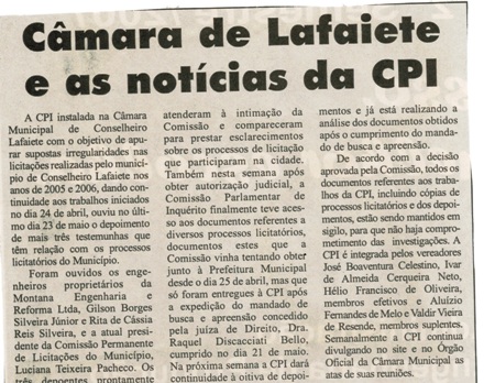 Câmara de Lafaiete e as notícias da CPI. Correio de Minas, Conselheiro Lafaiete, 26 mai. 2007, 160ª ed., p. 31. 