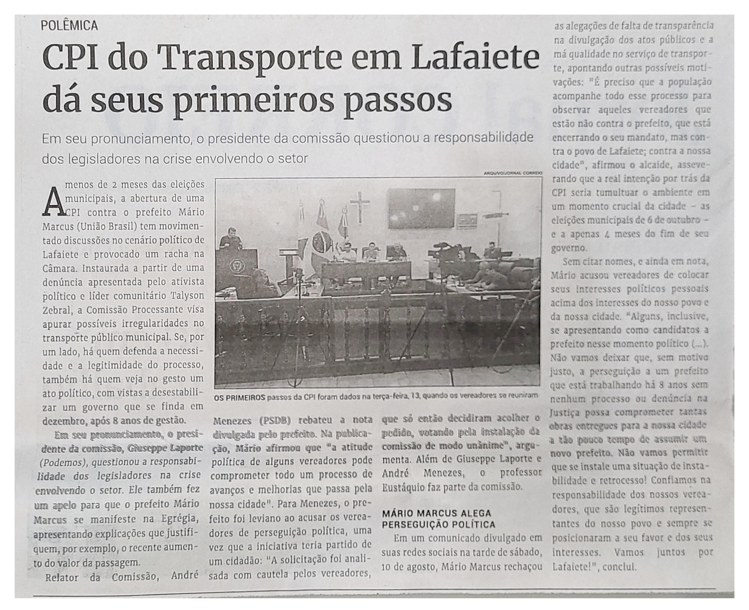 CPI do Transporte em Lafaiete dá seus primeiros passos. Jornal Correio da Cidade, Conselheiro Lafaiete, 17 a 23 de ago. 2024, 1744ª ed., Política, p. 2.