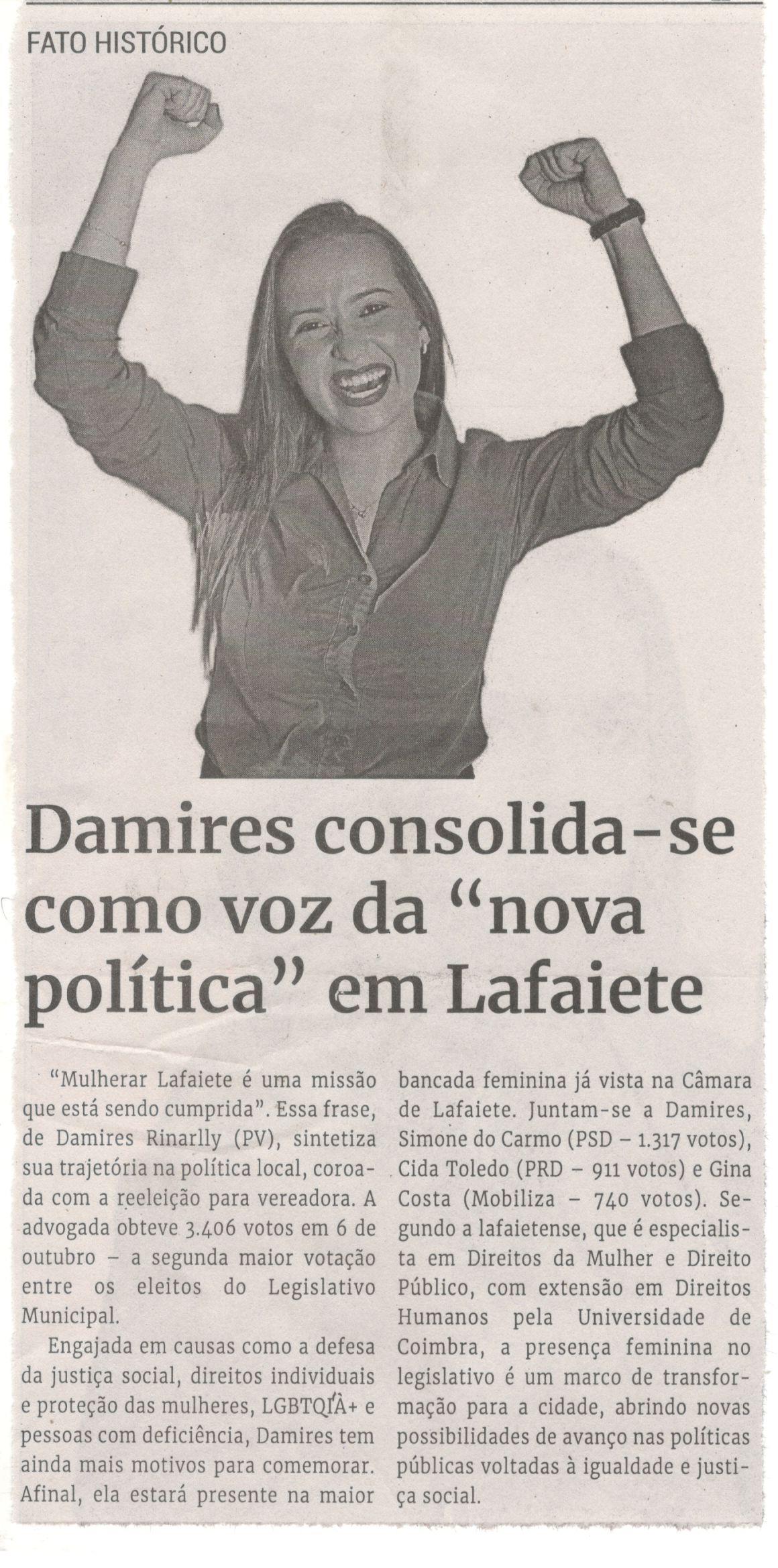 Damires consolida-se como voz da "nova política" em Lafaiete. Jornal Correio da Cidade, Conselheiro Lafaiete, 19 a 25 out. 2024, 1753ª ed., Especial, p. 35.