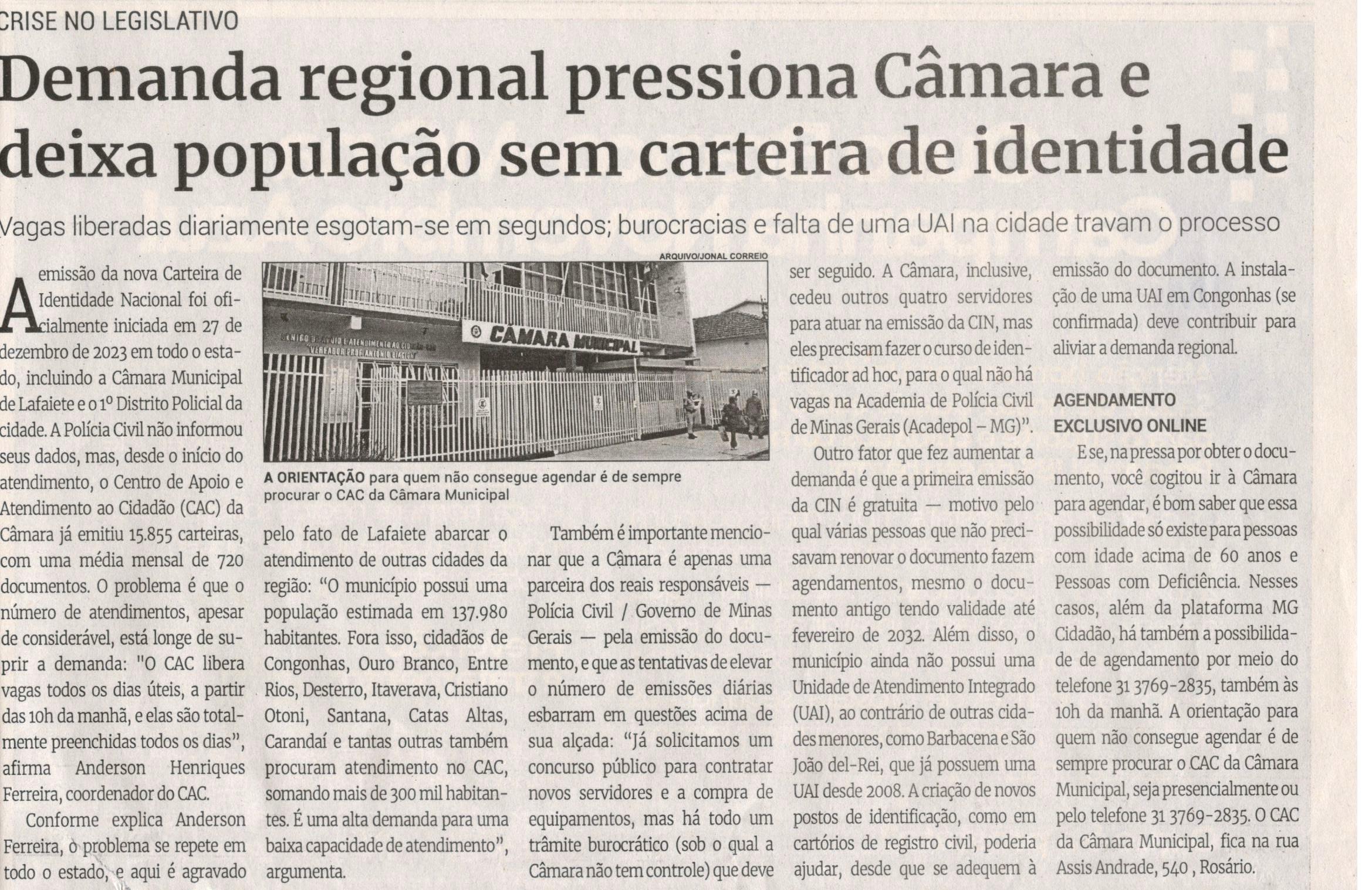 Demanda regional pressiona Câmara e deixa população sem carteira de identidade. Jornal Correio da Cidade, Conselheiro Lafaiete, 9 a 15 nov. 2024, 1756ª ed., Comunidade, p. 9.