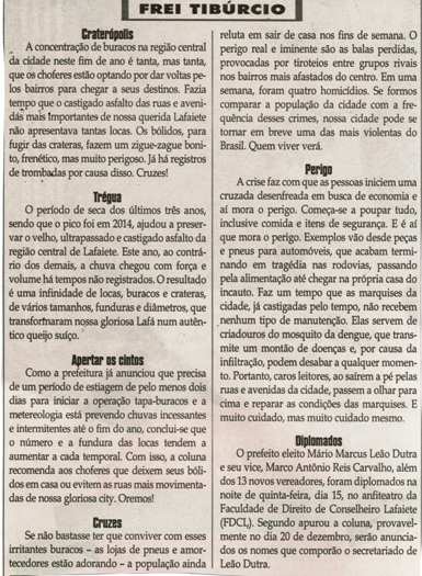 Diplomados. Jornal Correio da Cidade, Conselheiro Lafaiete, 17 a 23 dez. 2016, 1348º ed., Caderno Opinião, Feri Tibúcio, p. 8.