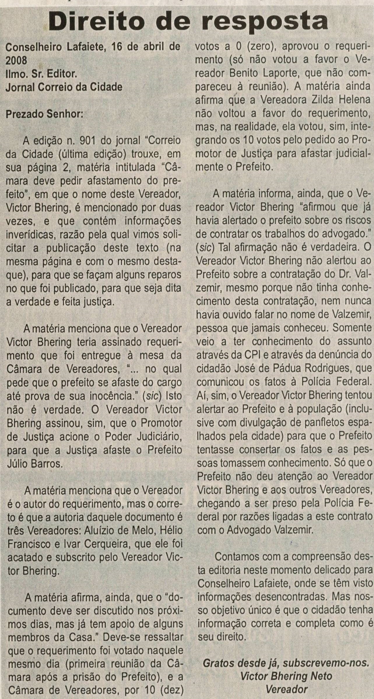Direito de resposta. Jornal Correio da Cidade, Conselheiro Lafaiete, 19 abr. 2008, p. 04.