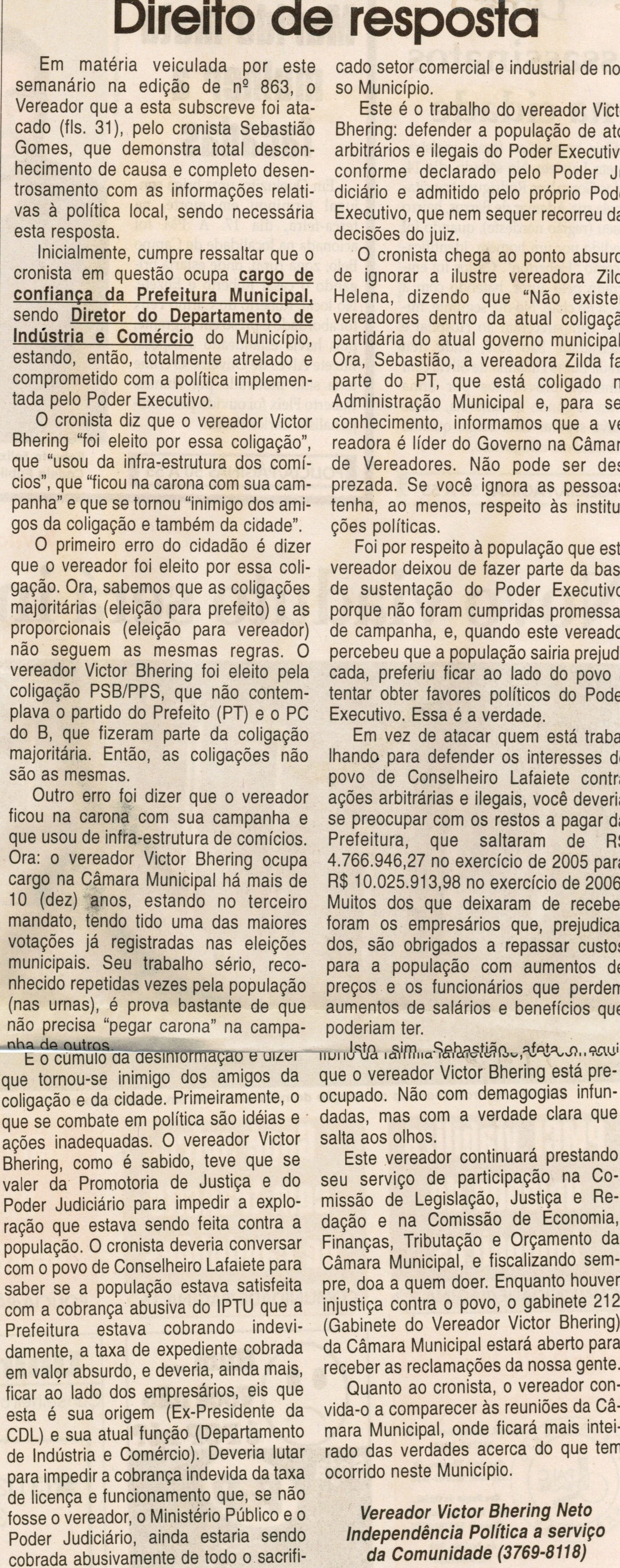 Direito de resposta. Jornal Correio de Minas, Conselheiro Lafaiete, 21 jul. 2007, 864ª ed., p.02.