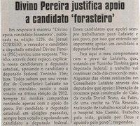 Divino Pereira justifica apoio a candidato forasteiro. Jornal Correio da Cidade, Conselheiro Lafaiete, 23 ago. 2014, p. 6.