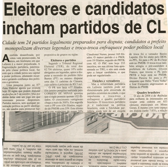 Eleitores e candidatos incham partidos de CL. Correio de Minas , Conselheiro Lafaiete, 07 junho 2008, 183ª ed., p. 04. 