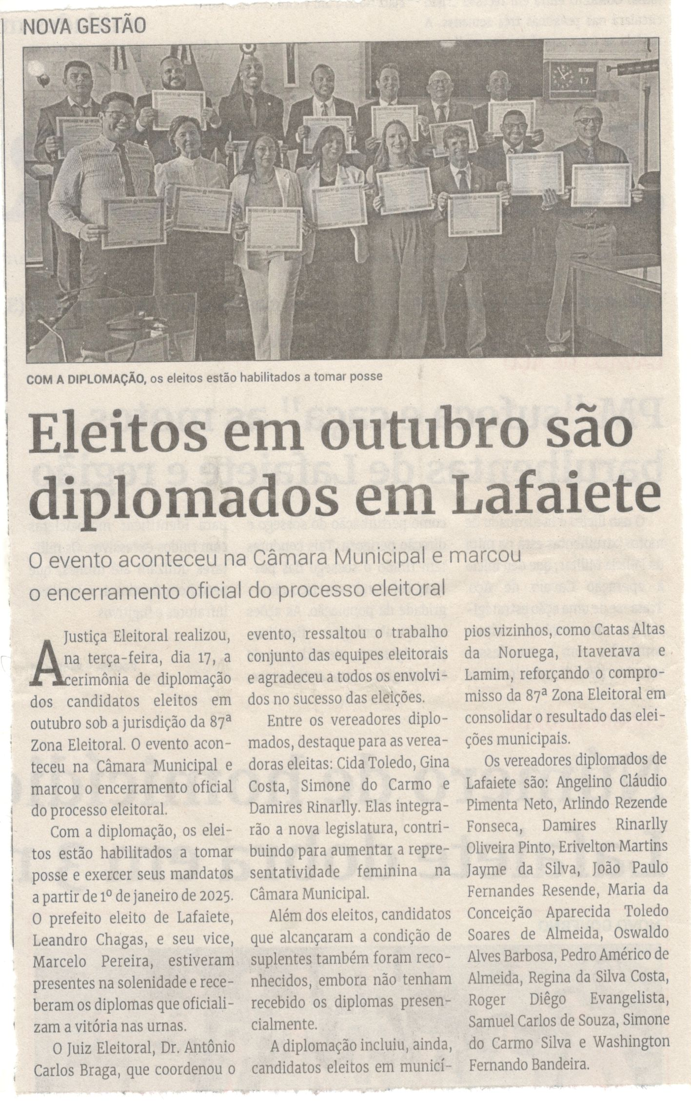 Eleitos em outubro são diplomados em Lafaiete. Jornal Correio da Cidade, Conselheiro Lafaiete, 21 a 27 dez. 2024, 1762ª ed., Política, p. 2.