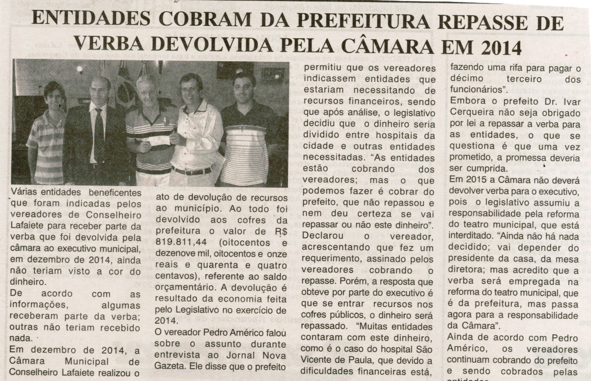 Entidades cobram da Prefeitura repasse de verba devolvida pela Câmara em 2014. Jornal Gazeta, Conselheiro Lafaiete, 560ª ed., Caderno Gerais, p. 12.