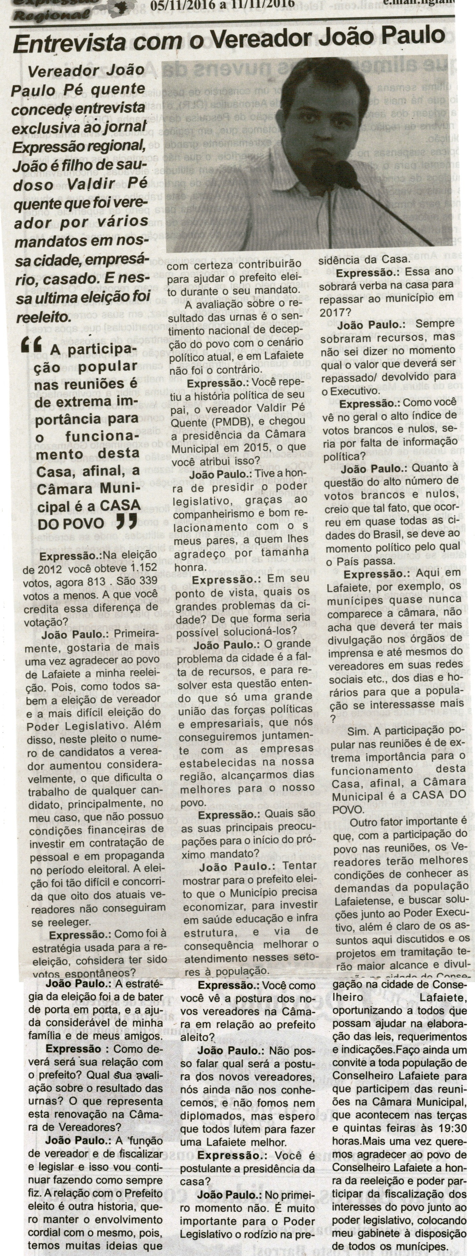 Entrevista com Vereador João Paulo.Jornal Expressão Regional, Conselheiro Lafaiete, 05 a 11 nov. 2016, 454X ed. p. 3.