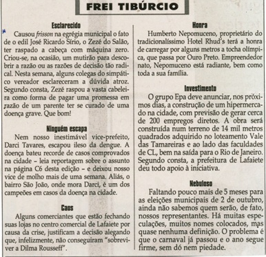  Esclarecido. Jornal Correio da Cidade, Conselheiro Lafaiete, 07 a 13 maio, 1316ª ed. , Caderno Política, Frei Tibúrcio, p. 8.