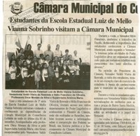 Estudantes da Escola Estadual Luiz de Mello Vianna Sobrinho visitam a Câmara Municipal. Folha Livre, Conselheiro Lafaiete, 15 set. 2007, 338ª ed., p. 02.