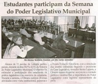 Estudantes participam da Semana do Poder Legislativo Municipal. Jornal Correio da Cidade, Conselheiro Lafaiete, 05 out. 2013, p. 06.