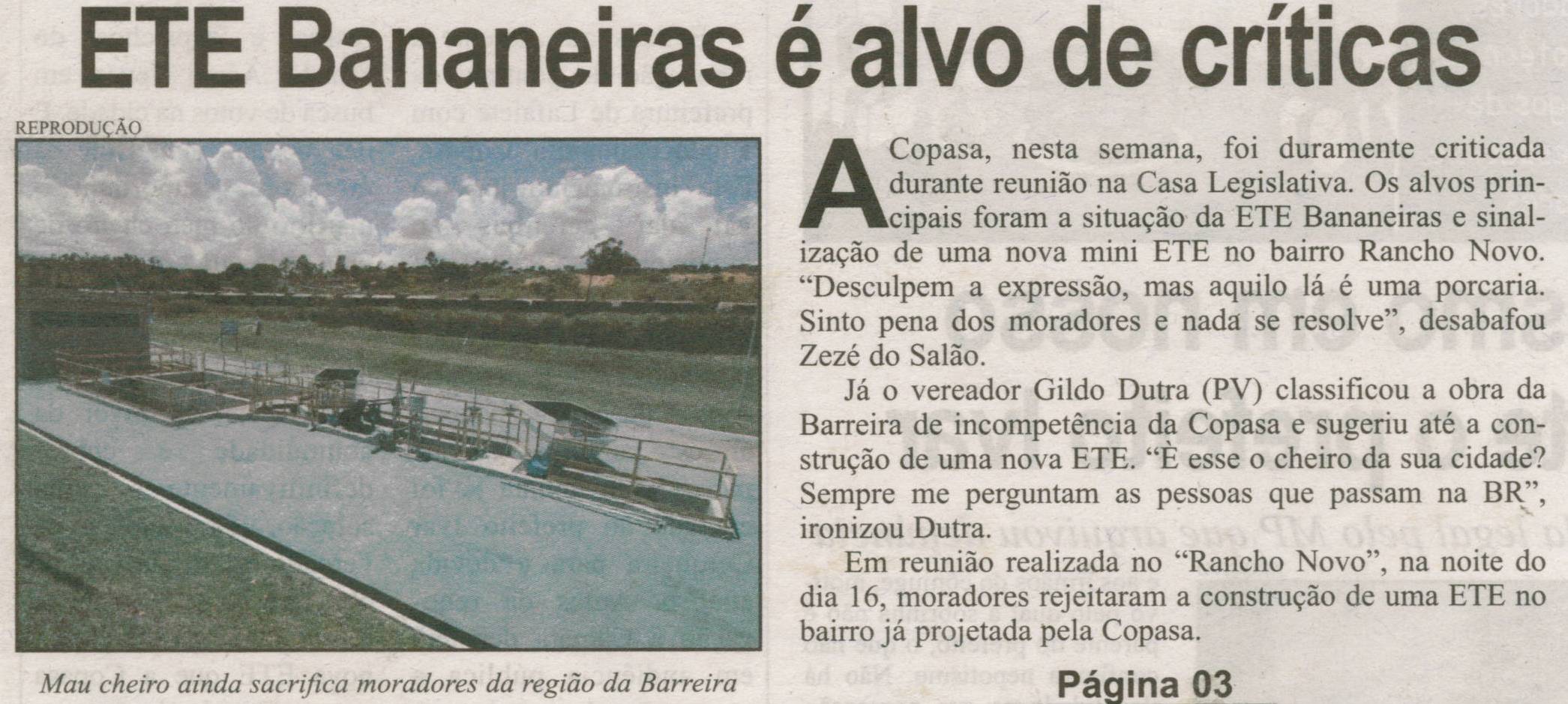 ETE Bananeiras é alvo de críticas. Correio de Minas, Conselheiro Lafaiete, 24 ago. 2013, p. 01.