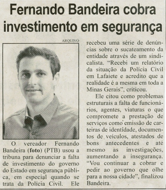 Fernando Bandeira cobra investimento em segurança. Jornal Correio da Cidade, Conselheiro Lafaiete, 19 set. 2015, 418ª ed. , ano XIII, p. 5