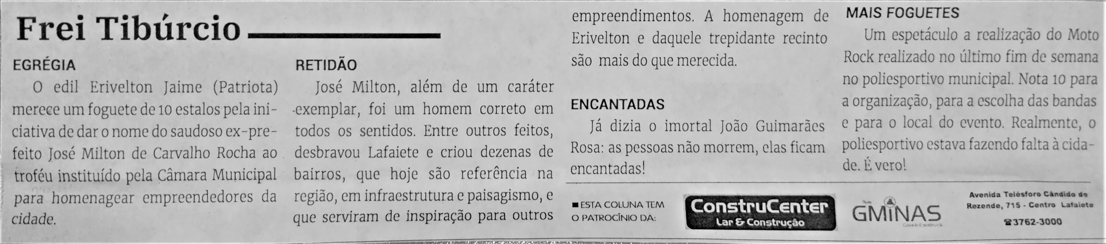 Frei Tibúrcio. Jornal Correio da Cidade, Conselheiro Lafaiete de 09 a 15 de set. de 2023, 1696ª ed., Opinião, p. 06.