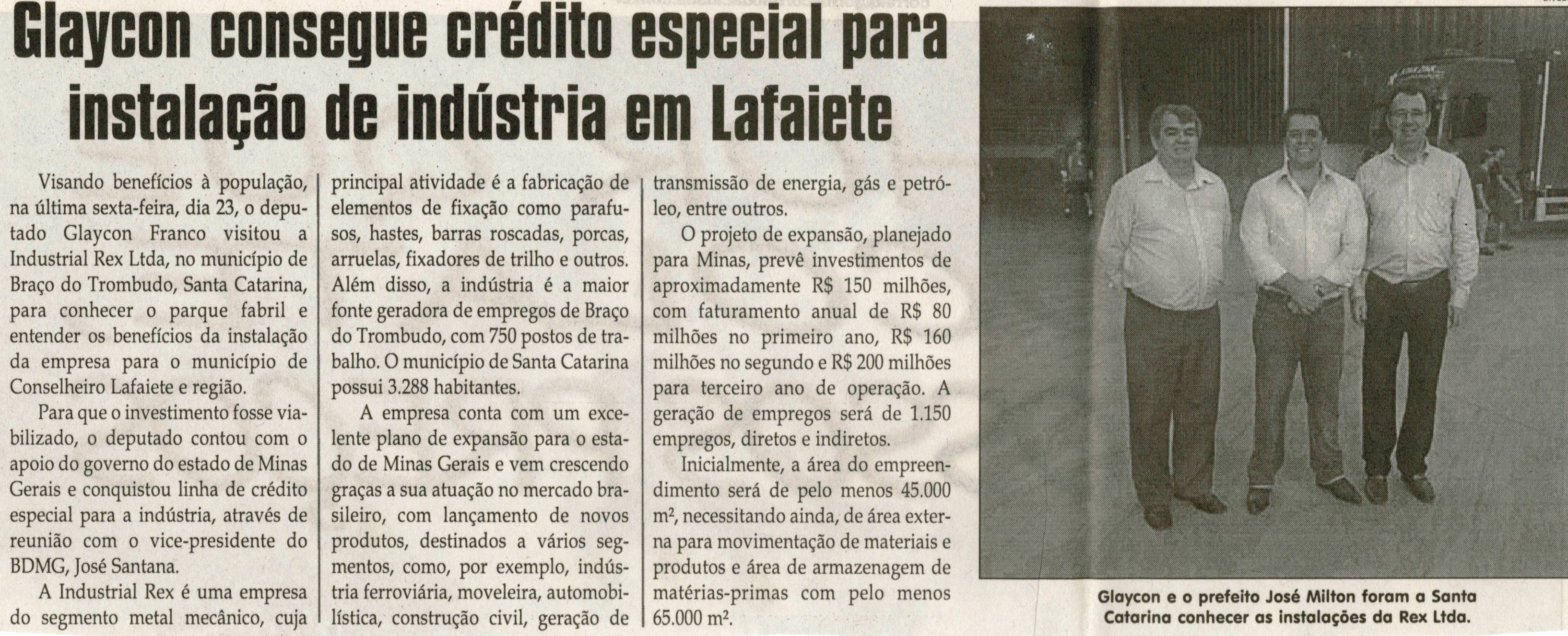 Glaycon consegue crédito especial para instalação de indústria em Lafaiete. Jornal Correio da Cidade, Conselheiro Lafaiete, 31 mar. 2012, p. 04.