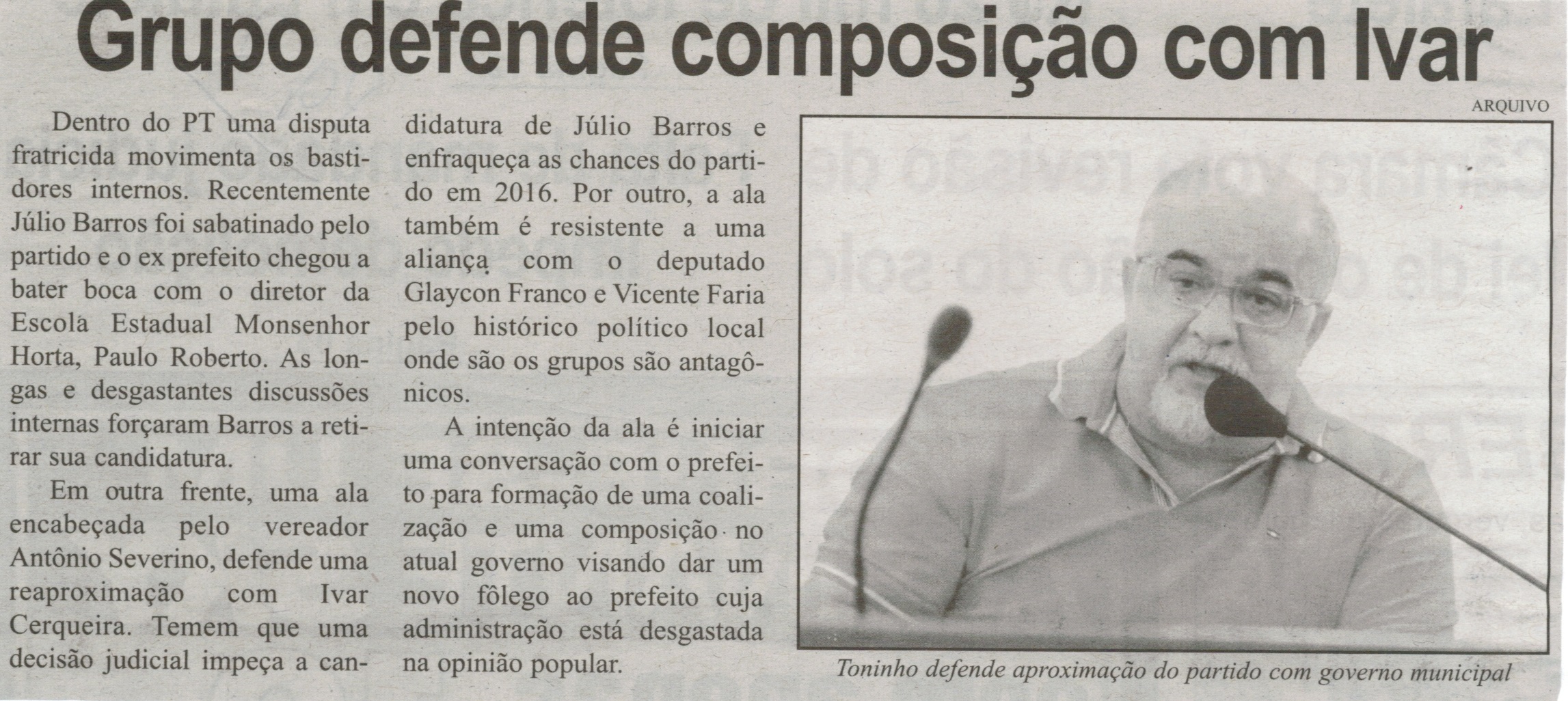 Grupo defende composição com Ivar. Correio de Minas, Conselheiro Lafaiete, 21 mar. 2015, p. 02.