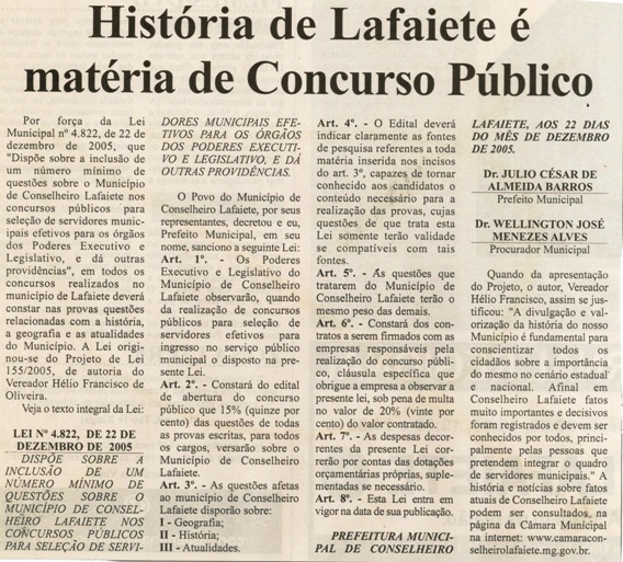 História de Lafaiete é matéria de Concurso Público.Correio de Minas, Conselheiro Lafaiete, 31 mar. 2007, p.08.