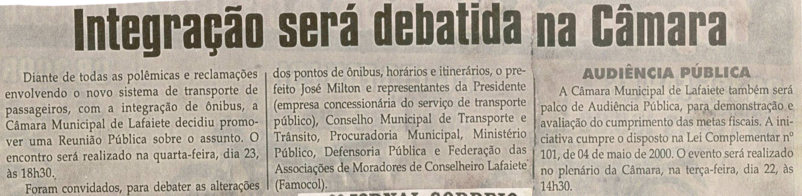 Integração será debatida na Câmara. Jornal Correio da Cidade, 12 mai. 2012, p. 04.