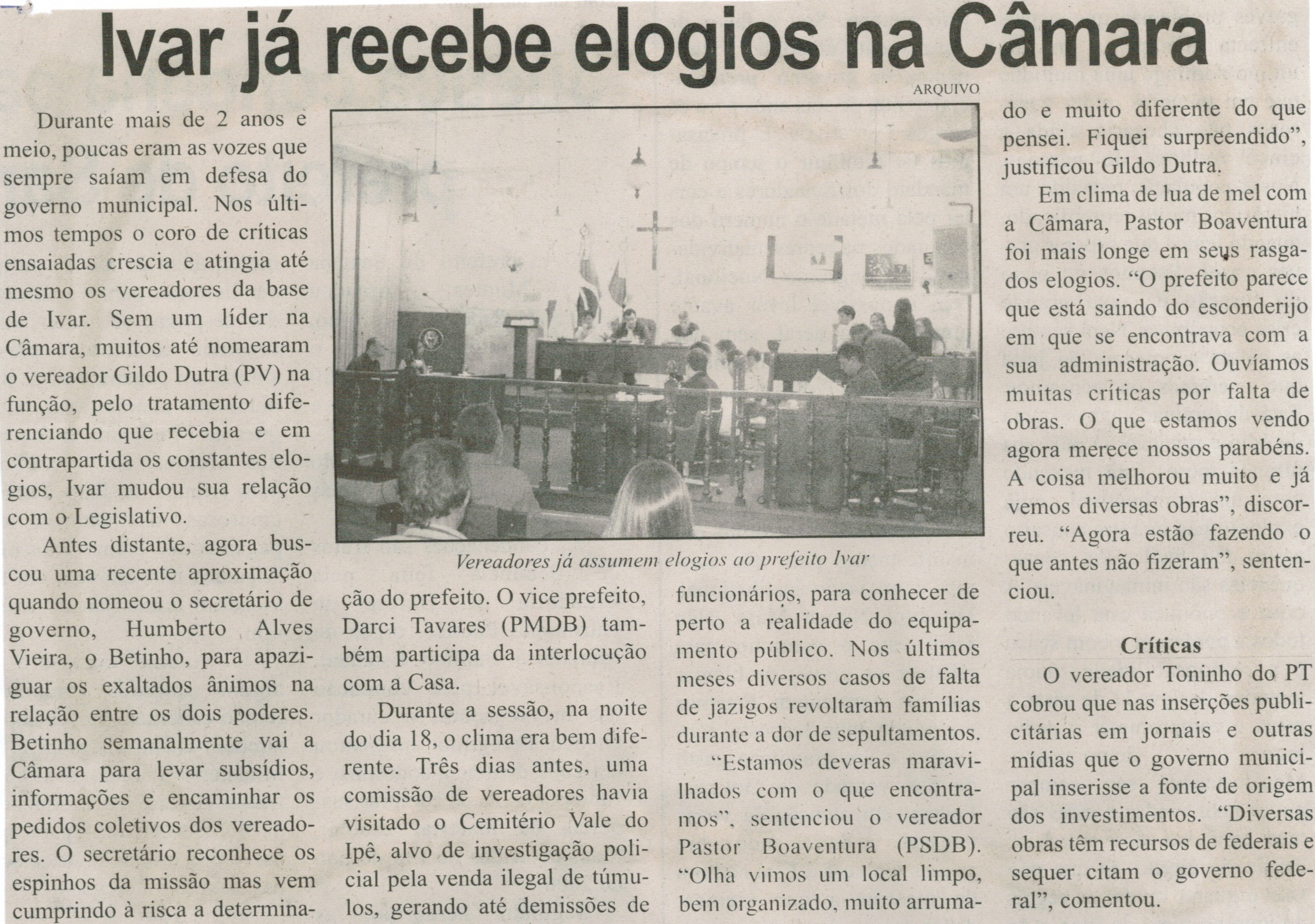Ivar já recebe elogios na Câmara. Jornal Correio de Minas, Conselheiro Lafaiete, 22 ago. 2015, p. 03.
