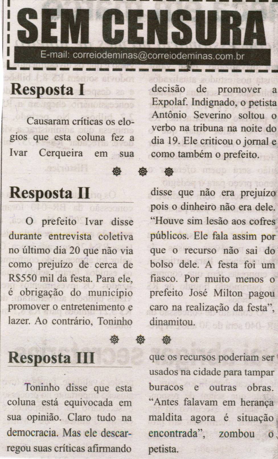 Resposta III. Correio de Minas, Conselheiro Lafaiete, 30 nov. 2013, Sem Censura, p. 3.