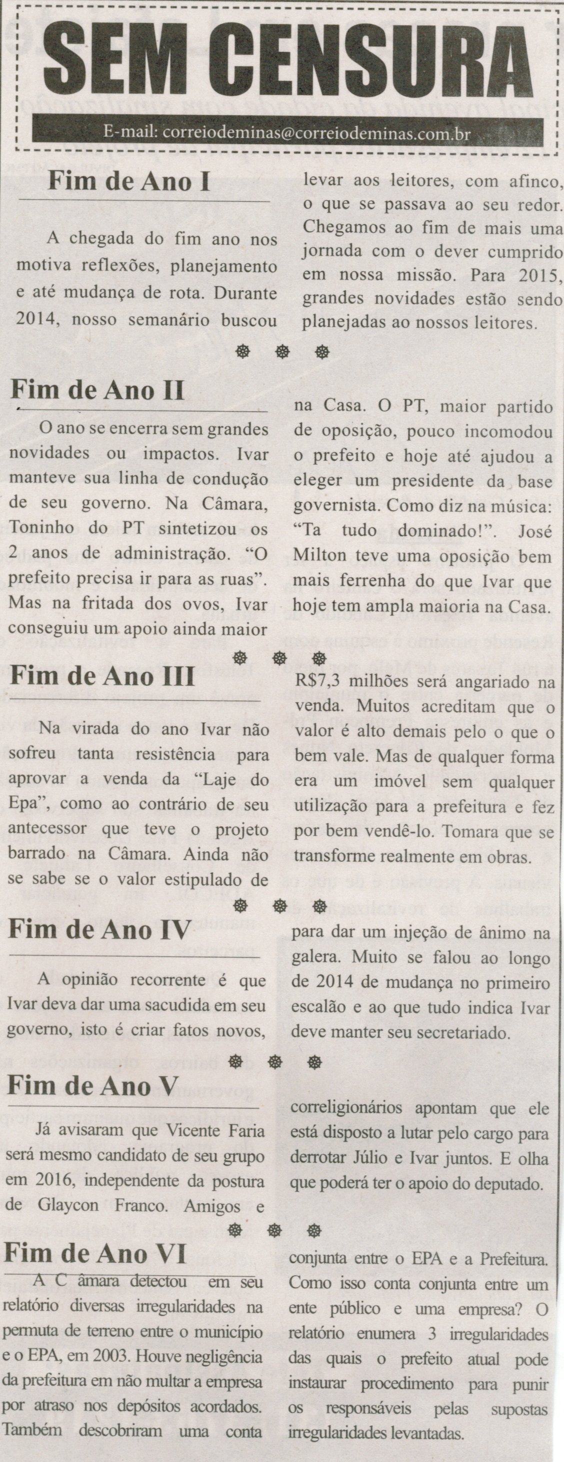 Fim de ano III. Correio de Minas, Conselheiro Lafaiete, 18 dez. 2014, Sem Censura, p. 3.