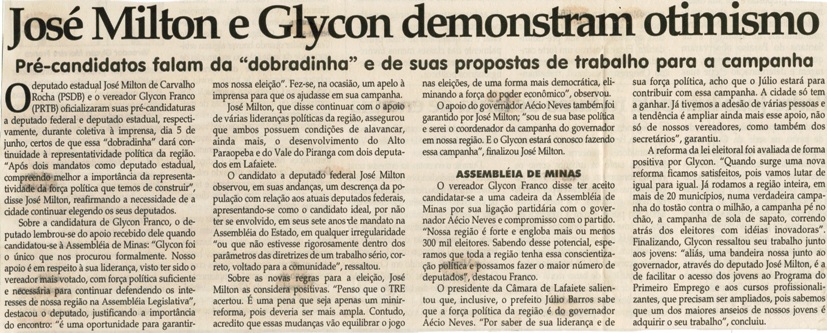 José Milton e Glycon demonstram otimismo. Jornal Correio da Cidade, Conselheiro Lafaiete, 24 jun. 2006, 809ª ed., p. 04.