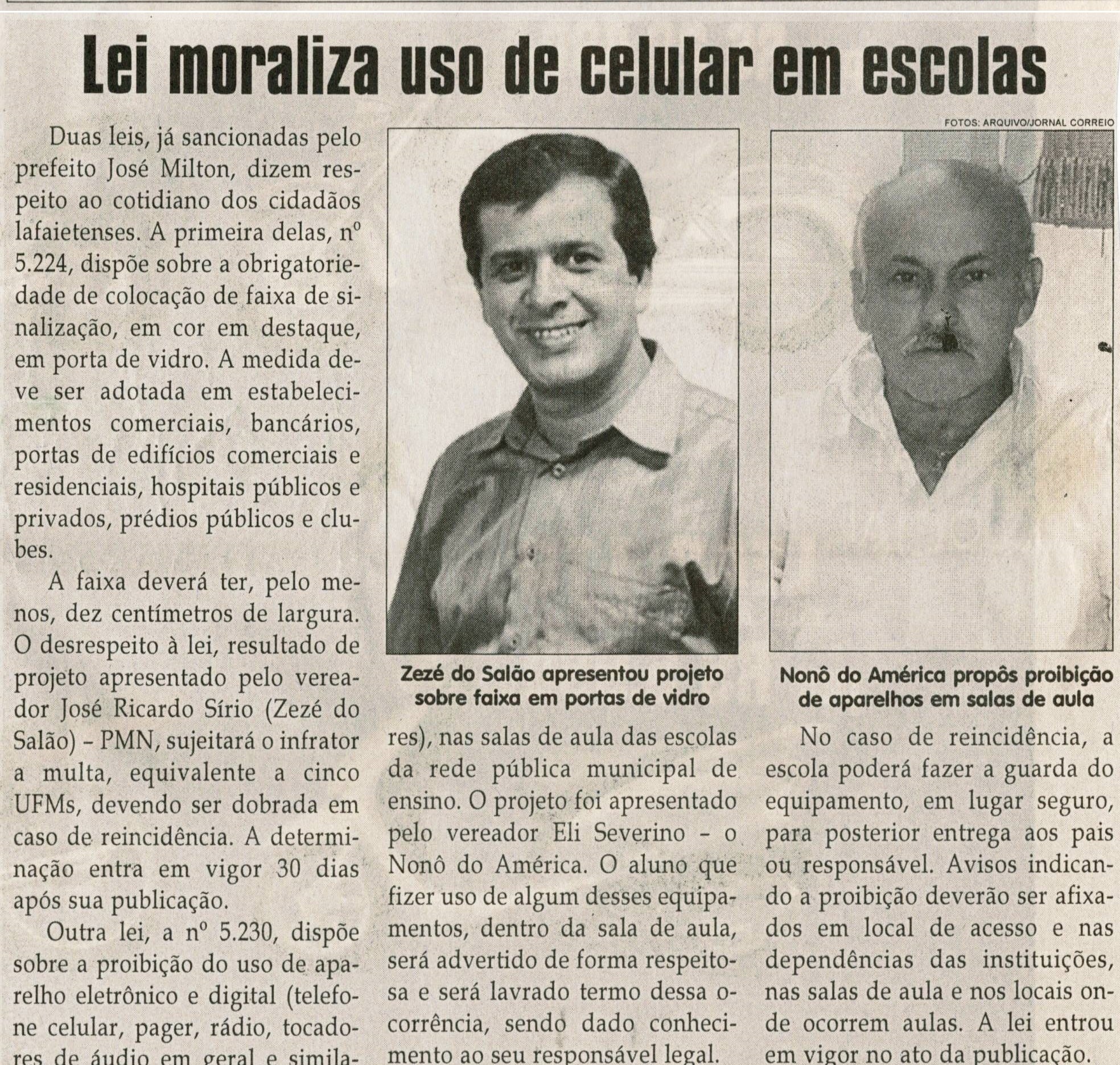 Lei moraliza uso de celular em escolas. Jornal Correio da Cidade, Conselheiro Lafaiete, 16 out 2010, p. 4.