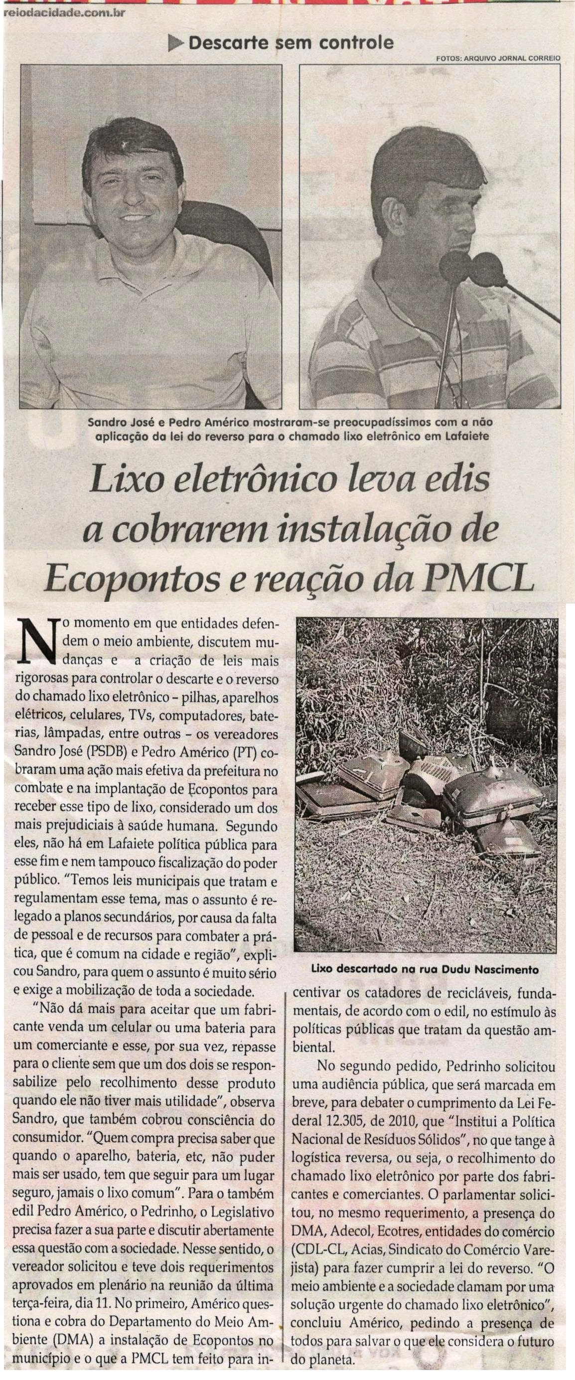 Lixo eletrônico leva edis a cobrarem instalação de Ecopontos e reação da PMCL. Jornal Correio da Cidade, 15 jun. a 21 jun, 1478ª ed., Caderno Política, p. 4.