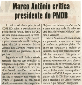 Marco Antônio critica presidente do PMDB. Jornal Correio da Cidade, Conselheiro Lafaiete, 24 mar. 2012, 1104ª ed, p.2.