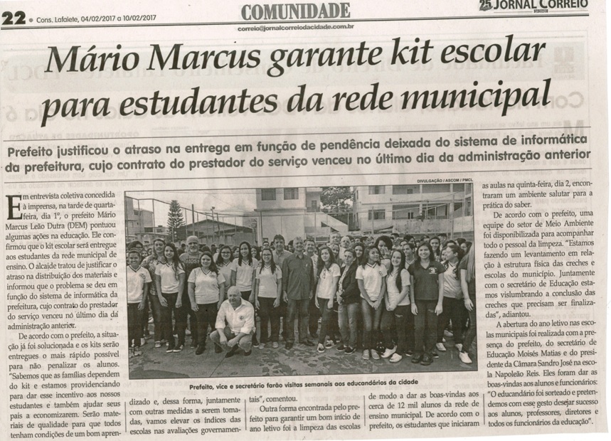 Mário Marcus garante kit escolar para estudantes da rede municipal. Jornal Correio da Cidade, Conselheiro Lafaiete, 04 fev. 2017 a 10 fev. 2017, 1355ª ed., p. 22.