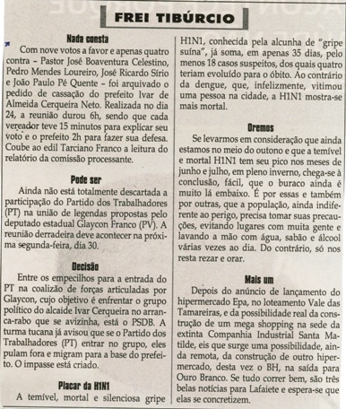 Nada consta. Jornal Correio da Cidade, Conselheiro Lafaiete, 28 mai. a 03 jun., 1319ª ed. , Caderno Opinião, p. 8.