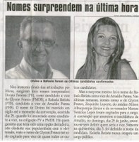 Nomes surpreendem na última hora: Divino e Rafaela foram os últimos candidatos confirmados. Jornal Correio da Cidade, Conselheiro Lafaiete, 05 jul. 2008, p. 2.