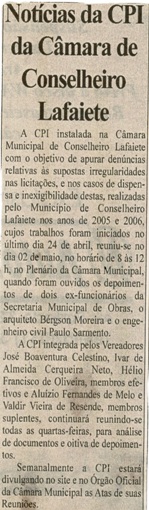 Notícias da CPI da Câmara de Conselheiro Lafaiete. Folha Livre, Conselheiro Lafaiete, 05 mai. 2007, 320ª ed., p. 23.