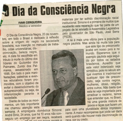 O Dia da Consciência Negra. Jornal Correio da Cidade, Conselheiro Lafaiete, 24 nov. 2007, 882ª ed., p. 02.