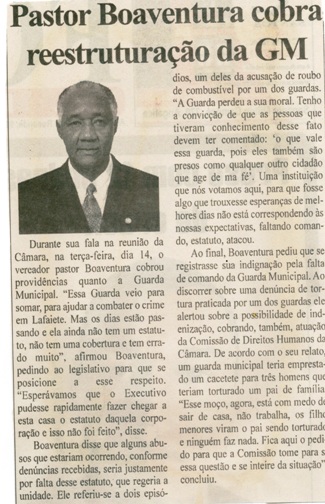 Pastor Boaventura cobra reestruturação da GM. Folha Livre, Conselheiro Lafaiete, 18 ago. 2007,ª ed., p. 02.